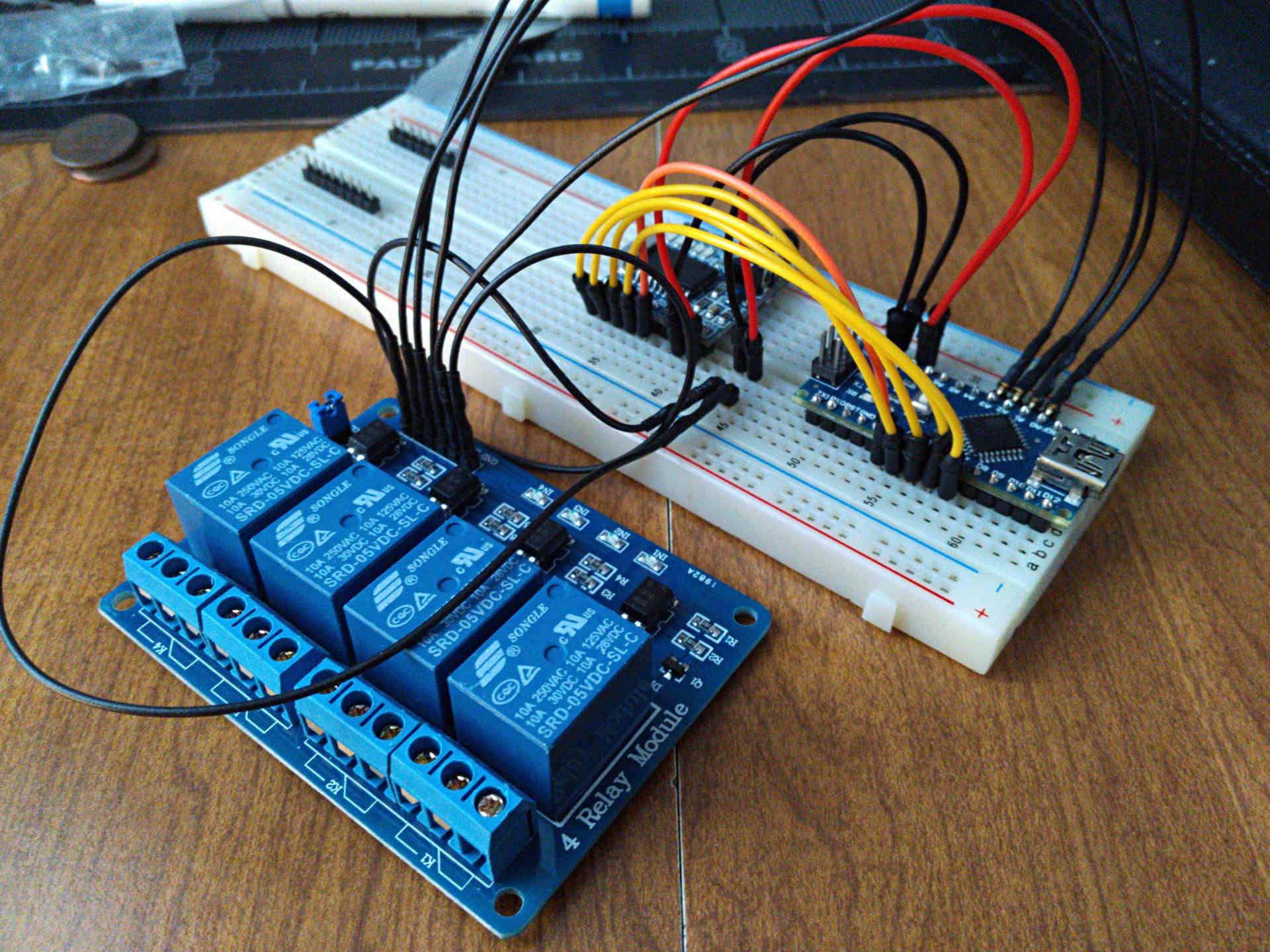 Relays connected to breadboard circuit