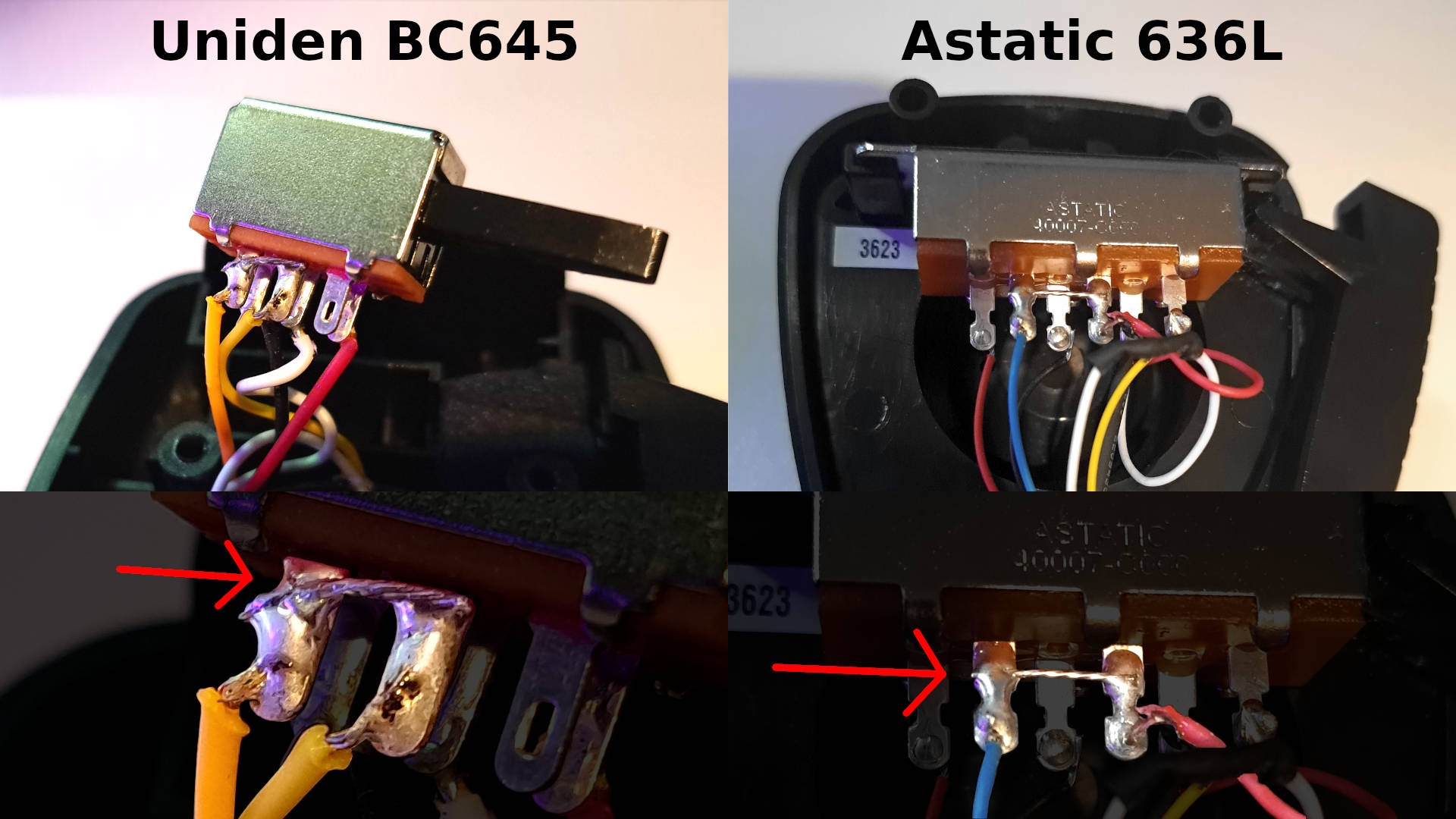 Uniden and Astatic mic modifications showing added wire